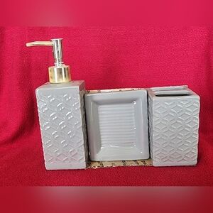 Grey Ceramic Bathroom Set with Soap Dispenser,  Dish & Toothbrush Holder